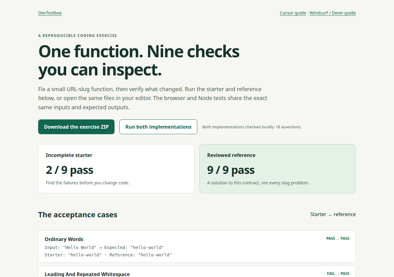 DevToolbox browser exercise comparing the incomplete starter with the reference implementation across nine checks